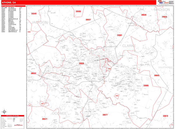 Athens Georgia Zip Code Wall Map Red Line Style By Marketmaps