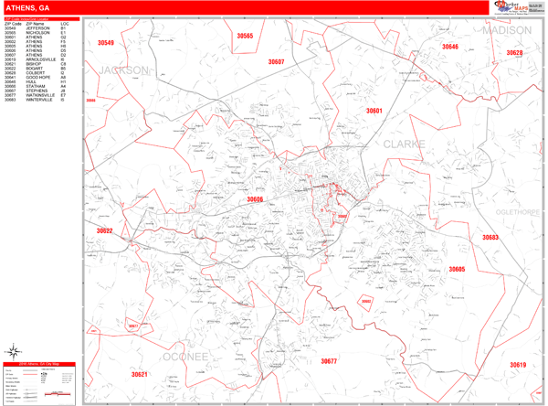 Athens Ga Zip Code Map Athens Georgia Zip Code Wall Map (Red Line Style) By Marketmaps - Mapsales
