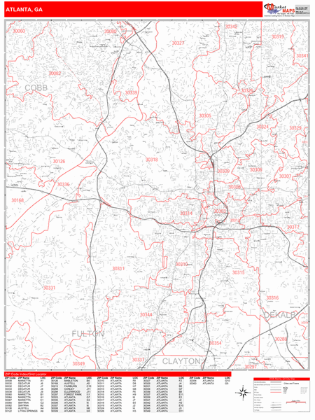 Atlanta Georgia Zip Code Wall Map (Red Line Style) by MarketMAPS