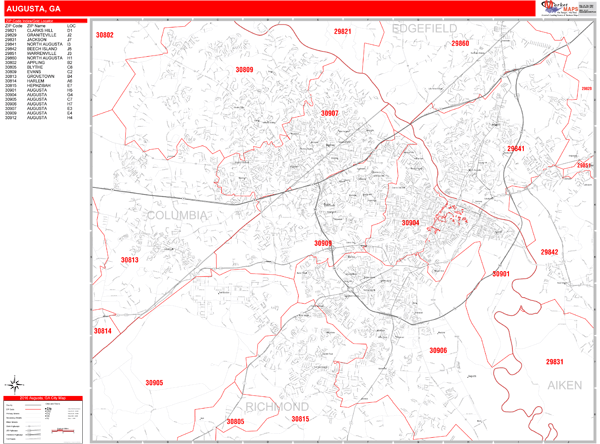 Augusta Georgia Zip Code Wall Map Red Line Style by MarketMAPS