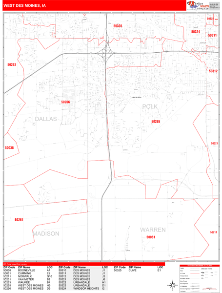 West des moines iowa zip code wall map red line style by marketmaps