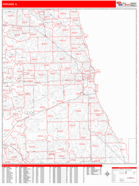 City Of Chicago Zip Code Map Chicago Illinois Zip Code Wall Map Red Line Style By Marketmaps Mapsales