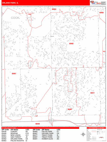 Orland Park Zip Code Map Orland Park Illinois Zip Code Wall Map (Red Line Style) By Marketmaps -  Mapsales