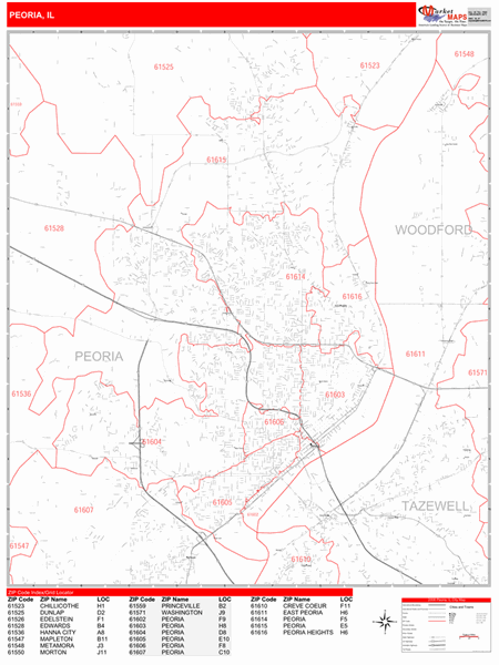 Peoria Illinois Wall Map (Red Line Style) by MarketMAPS