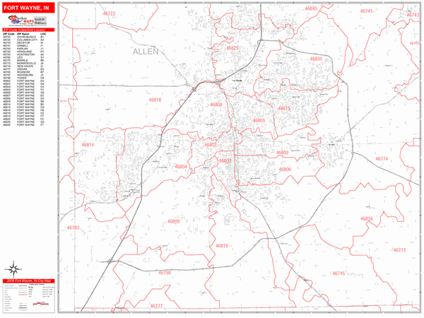 Fort Wayne Indiana Zip Code Map Fort Wayne Indiana Zip Code Wall Map (Red Line Style) by MarketMAPS