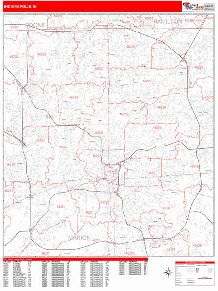 Indianapolis Indiana Zip Code Wall Map (Red Line Style) by MarketMAPS