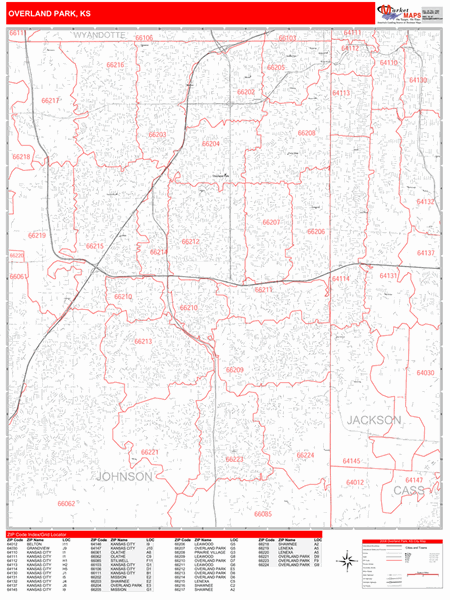 Overland Park Kansas Zip Code Wall Map (Red Line Style) by MarketMAPS