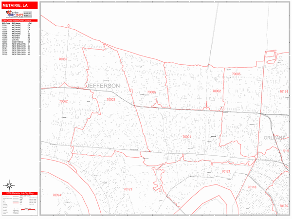 Metairie Zip Code Map Metairie Louisiana Zip Code Wall Map (Red Line Style) By Marketmaps -  Mapsales