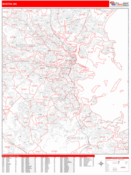 Boston Massachusetts Zip Code Wall Map Red Line Style By Marketmaps