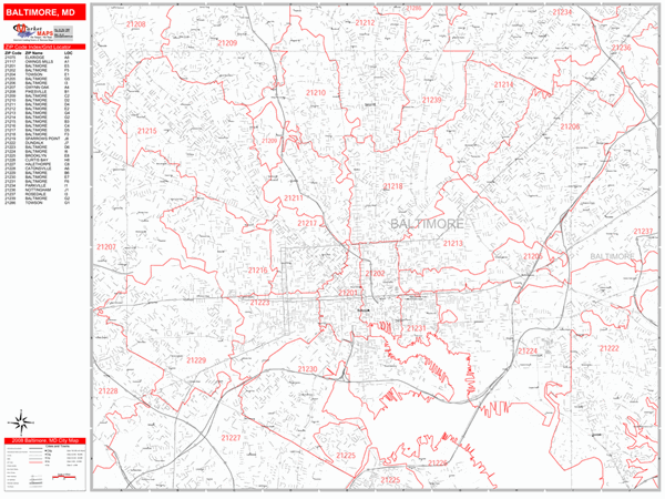 Baltimore City Zip Code Map Baltimore Maryland Zip Code Wall Map (Red Line Style) By Marketmaps -  Mapsales
