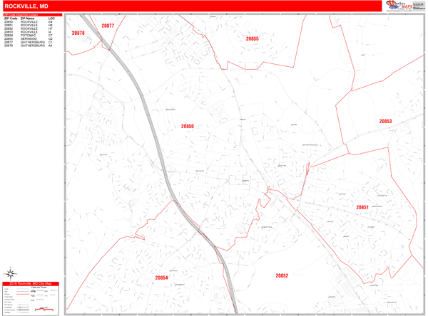 Rockville Maryland Zip Code Wall Map Red Line Style By Marketmaps