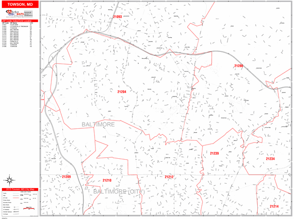 Towson Zip Code Map Towson Maryland Zip Code Wall Map (Red Line Style) By Marketmaps - Mapsales