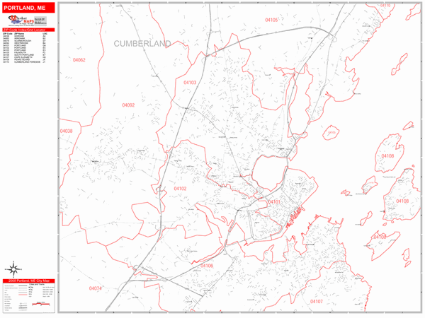 Portland Maine Zip Code Map Portland Maine Zip Code Wall Map (Red Line Style) By Marketmaps - Mapsales