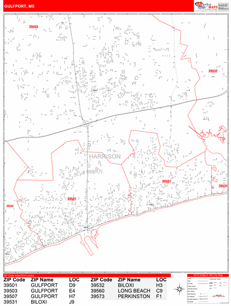 Gulfport Mississippi Zip Code Wall Map (Red Line Style) by MarketMAPS