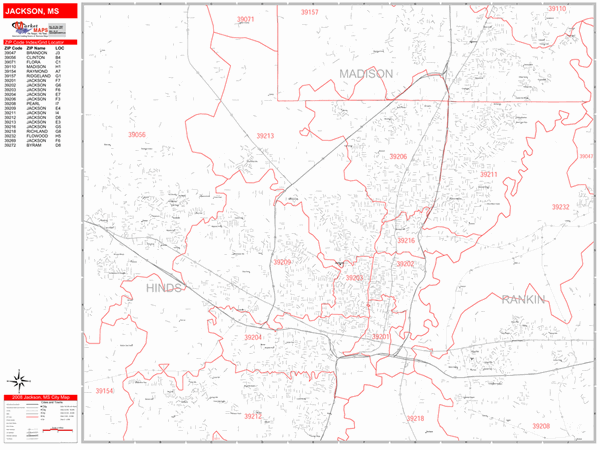 Jackson Mississippi Zip Code Wall Map (Red Line Style) by MarketMAPS