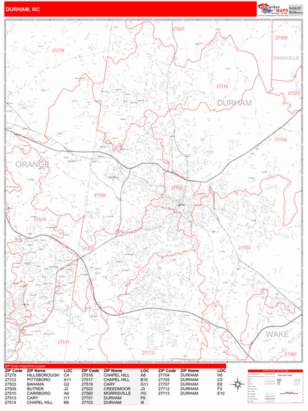 Durham North Carolina Zip Code Wall Map (Red Line Style) by MarketMAPS