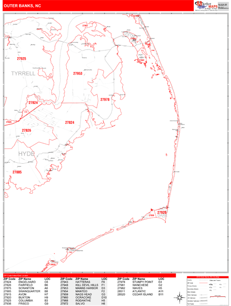 Outer Banks North Carolina Zip Code Wall Map (Red Line Style) by MarketMAPS