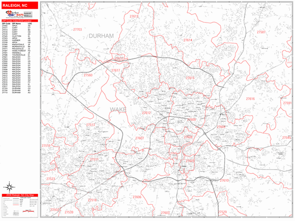 Raleigh North Carolina Zip Code Wall Map (Red Line Style) by MarketMAPS