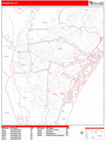 Wilmington North Carolina Zip Code Wall Map (Red Line Style) by MarketMAPS