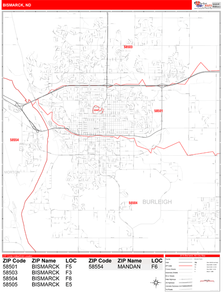 Bismarck Nd Zip Code Map Bismarck North Dakota Zip Code Wall Map (Red Line Style) By Marketmaps -  Mapsales
