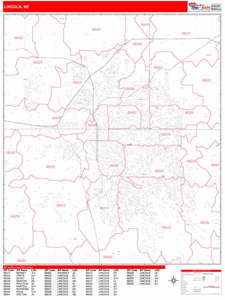 Lincoln Nebraska Zip Code Wall Map Red Line Style By