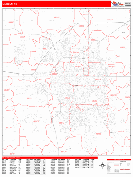 Lincoln Nebraska Zip Code Wall Map (Red Line Style) by MarketMAPS