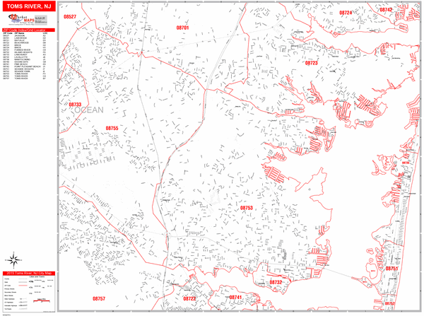 Toms River Zip Code Map Toms River New Jersey Zip Code Wall Map (Red Line Style) By Marketmaps -  Mapsales