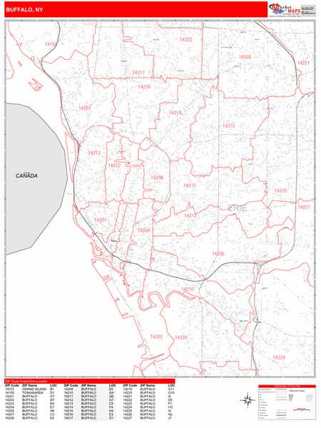 Buffalo New York Zip Code Wall Map Red Line Style By Marketmaps