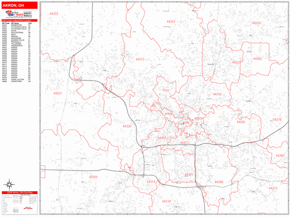 Akron Ohio Zip Code Wall Map Red Line Style By Marketmaps