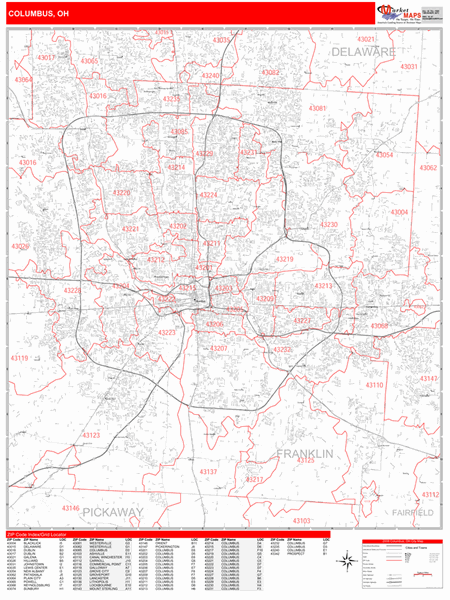 Columbus Ohio Zip Code Wall Map (Red Line Style) by MarketMAPS