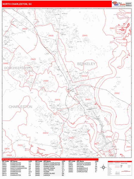 North charleston south carolina zip code wall map red line style by 