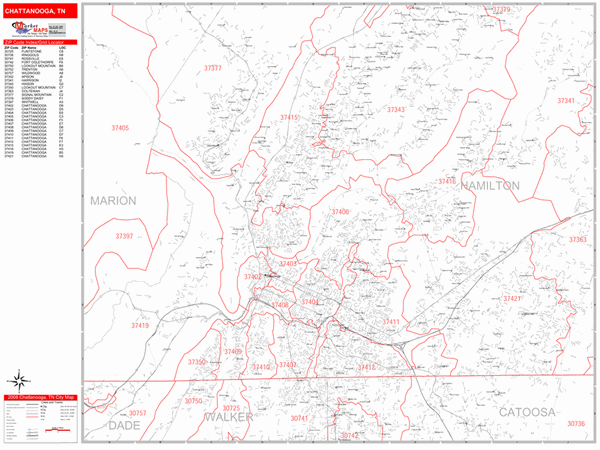 Chattanooga Tennessee Zip Code Wall Map Red Line Style By Marketmaps