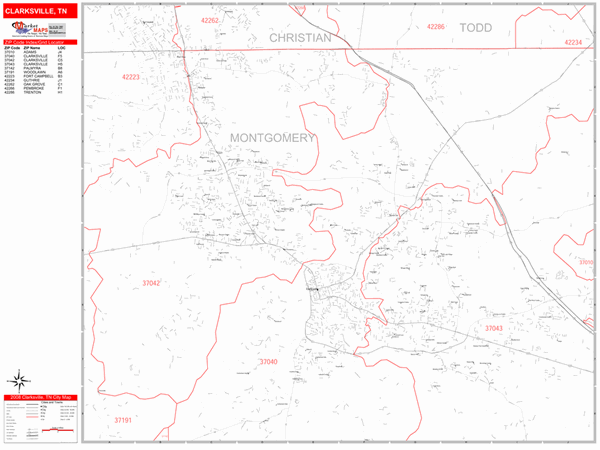 Clarksville Tennessee Zip Code Wall Map (Red Line Style) by MarketMAPS