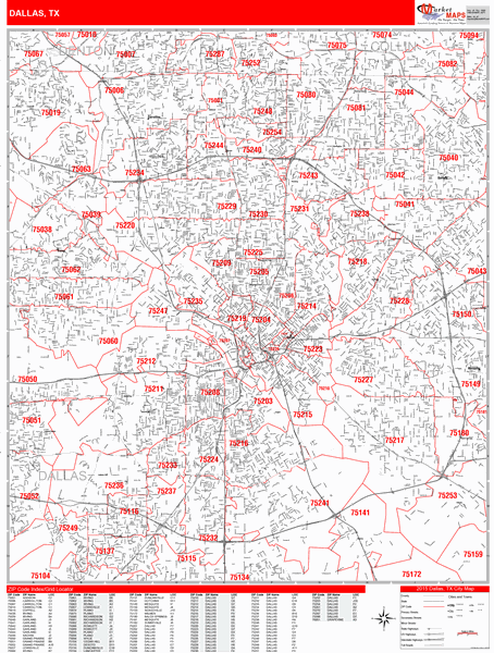 Dallas Texas Zip Code Wall Map (Red Line Style) by MarketMAPS
