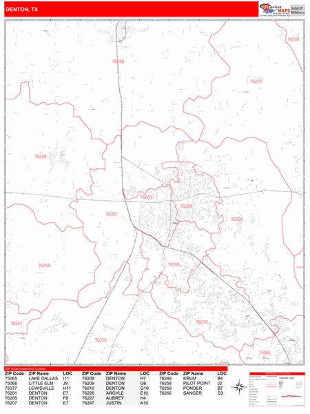 Denton Texas Zip Code Wall Map (Red Line Style) by MarketMAPS