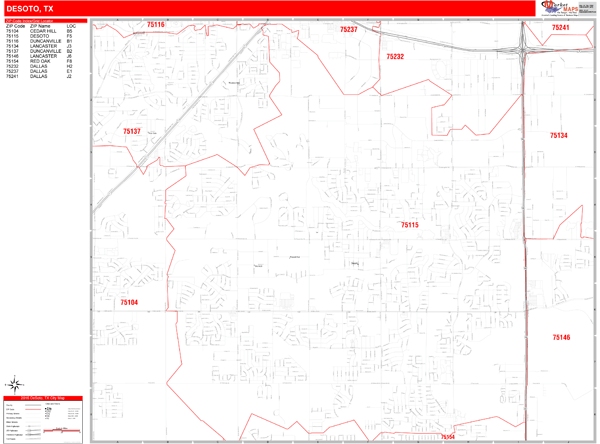 Desoto Texas Zip Code Wall Map Red Line Style By Marketmaps