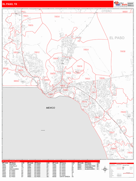 El Paso Texas Zip Code Wall Map Red Line Style By Marketmaps