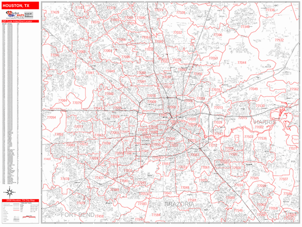 Houston Texas Zip Code Wall Map (Red Line Style) by MarketMAPS