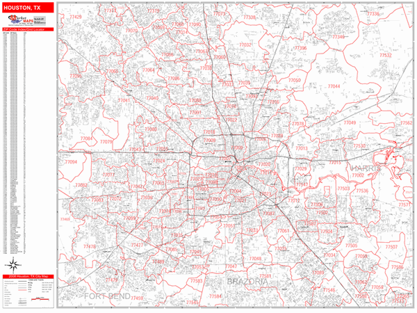 Houston Texas Zip Code Wall Map Red Line Style By Marketmaps