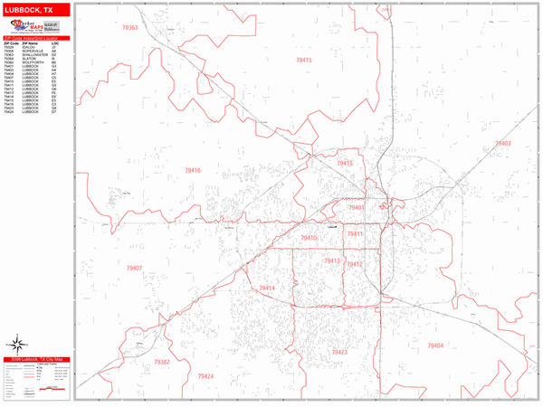 Lubbock Texas Zip Code Wall Map (Red Line Style) by MarketMAPS