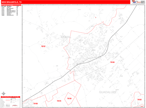 New Braunfels Zip Code Map New Braunfels Texas Zip Code Wall Map (Red Line Style) By Marketmaps -  Mapsales
