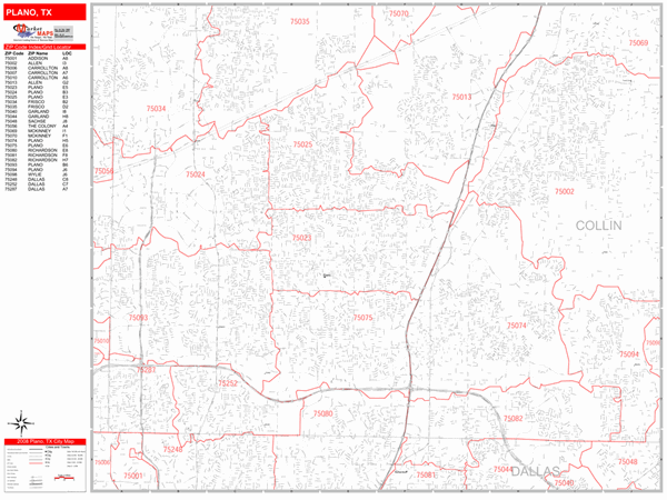 Plano Texas Zip Code Wall Map (Red Line Style) by MarketMAPS