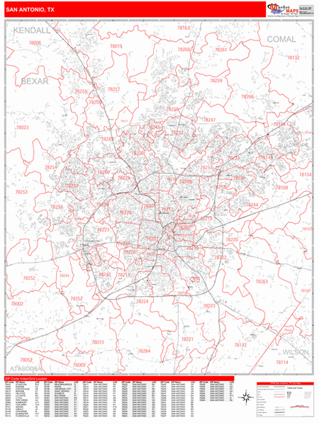 San Antonio Texas Zip Code Wall Map Red Line Style By Marketmaps