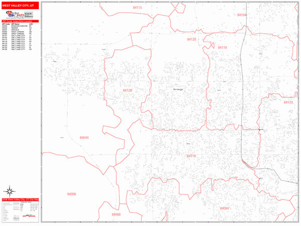 West Valley City Utah Zip Code Wall Map Red Line Style by MarketMAPS