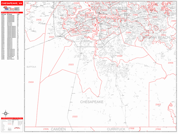 Chesapeake Virginia Zip Code Wall Map (Red Line Style) by MarketMAPS