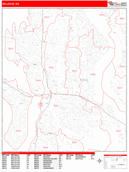 Bellevue Washington Zip Code Wall Map (Red Line Style) by MarketMAPS