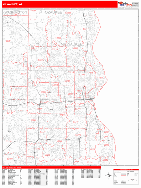 Milwaukee Wisconsin Zip Code Wall Map (Red Line Style) by MarketMAPS