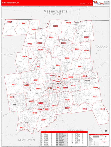 Map Of Hartford County Ct Hartford County, Ct Zip Code Wall Map Red Line Style By Marketmaps -  Mapsales