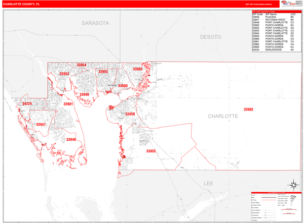 Map Of Charlotte County Florida Charlotte County, Fl Zip Code Wall Map Red Line Style By Marketmaps -  Mapsales