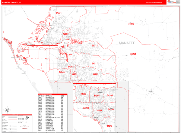 Manatee County Zip Code Map Manatee County, Fl Zip Code Wall Map Red Line Style By Marketmaps - Mapsales